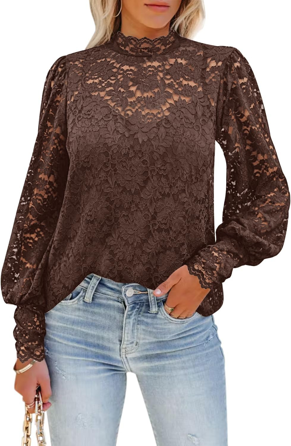 DOROSE Women's Floral Lace Long Sleeve Tops Dressy Casual Mock Neck Blouse | Amazon (US)
