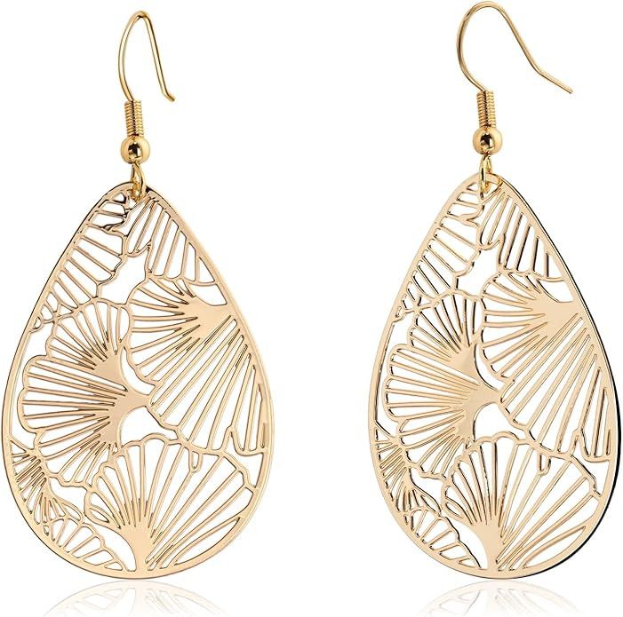 14K Gold Plated Silver Teardrop Filigree Dangle Earrings Lightweight Ginkgo Leaf Drop Earrings fo... | Amazon (US)