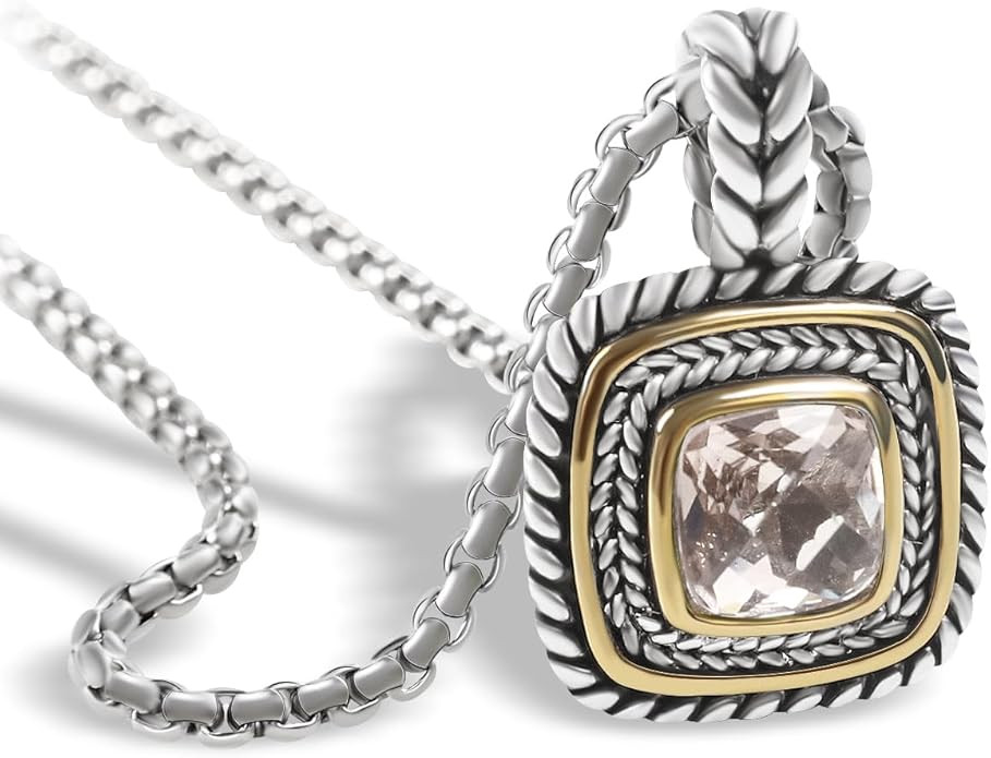 Designer Inspired 7MM CZ Pendant Necklace for Women 18K Gold Plated Two Tone Wheat Cable Necklace... | Amazon (US)