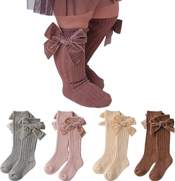 4-Pack Baby Girls Knee High Socks Infants Toddlers Bow Knit Socks Cotton Tube Ruffled Stockings | Amazon (US)