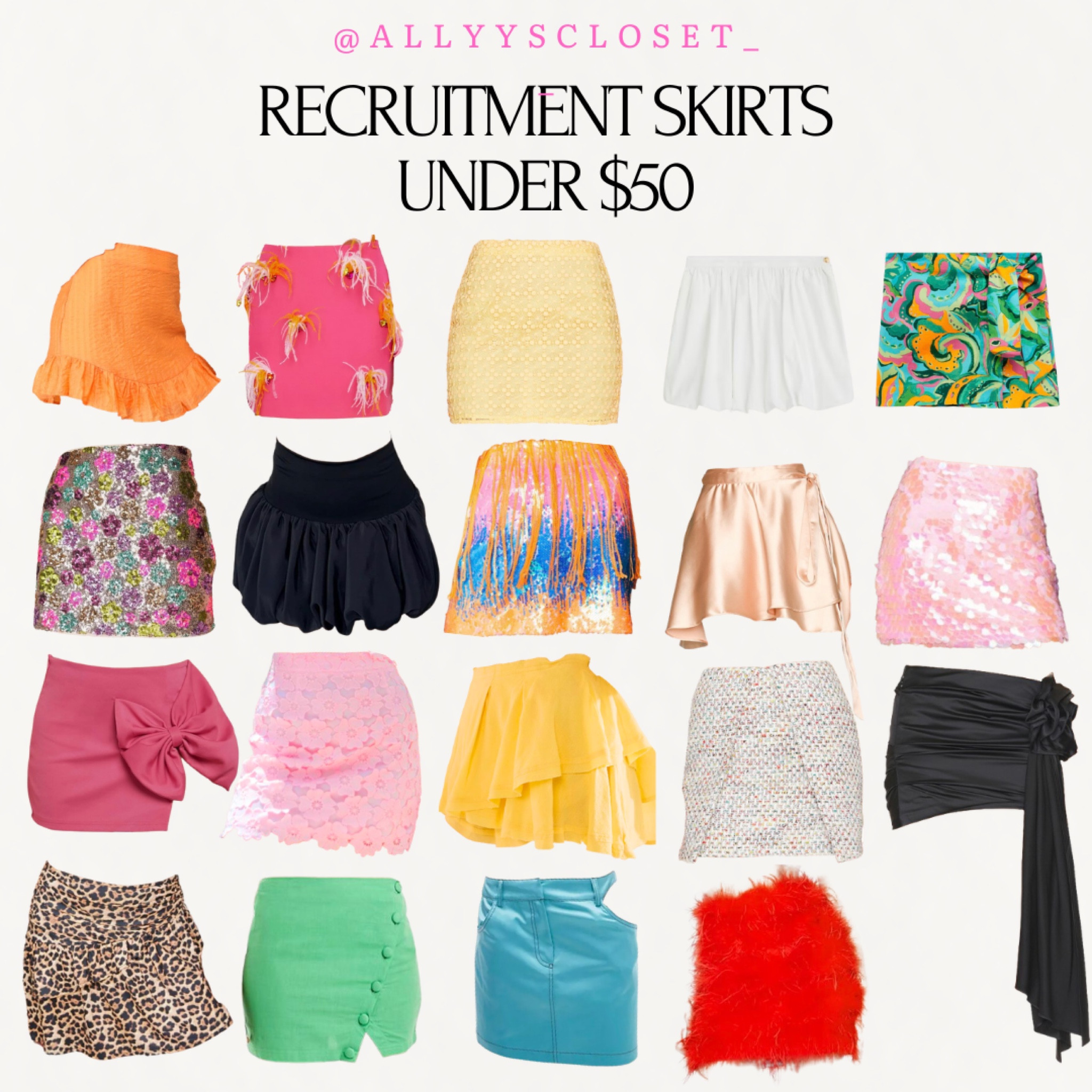 Recruitment week ideas🩷 

Two skirts that were unable to be linked:
1.) TOP RIGHT: MANGO “Printed mini-skirt with bow” $49.99
2.) JCREW: “Mini bubble-hem skirt in cotton poplin” 

*Disclaimer: many of these items are currently marked down from full price, so some pieces may not match the price listed in graphic by time of access :) 

#LTKFindsUnder100 #LTKFindsUnder50 #LTKStyleTip