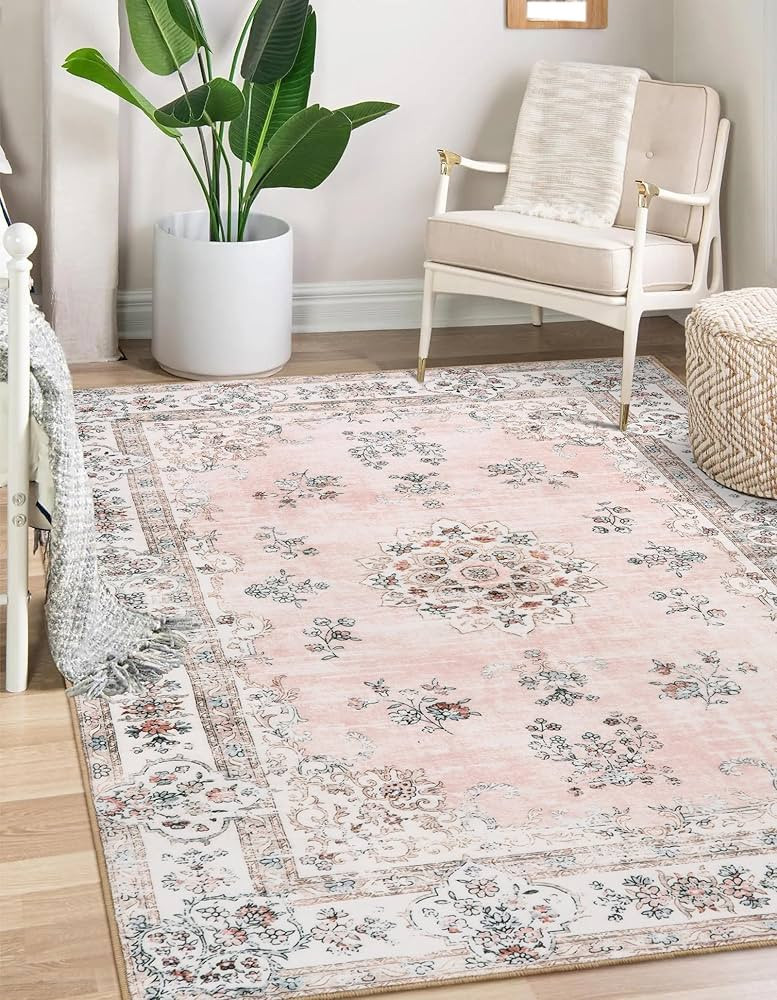Lahome Washable 6x9 Area Rugs for Living Room, Soft Floral Pink Large Rug for Nursery Girls Bedro... | Amazon (US)