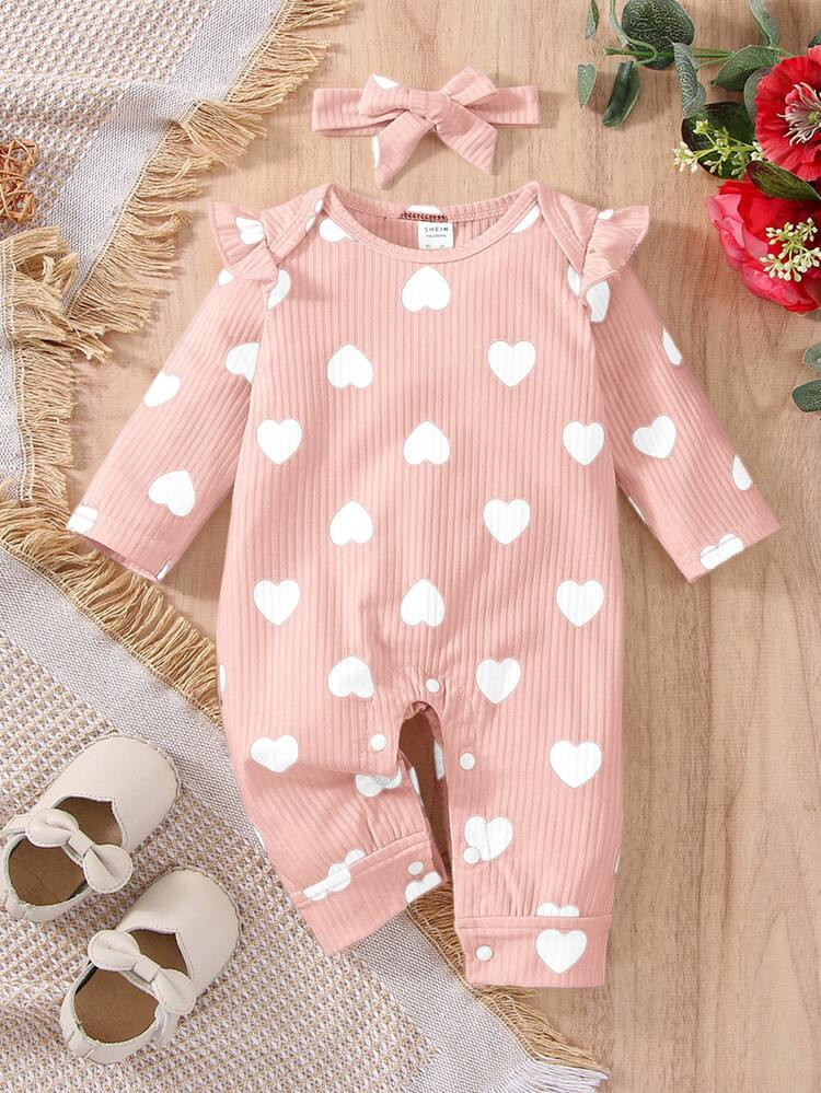 Baby Heart Print Ruffle Trim Jumpsuit With Headband | SHEIN