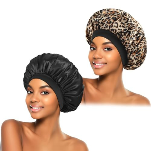 ZHENSILK 2Pcs Satin Bonnet for Sleeping, Silk Hair Bonnets, Soft Elastic Band Silk Sleep Cap, Hair Wrap for Women(Black Leopard) | Amazon (US)