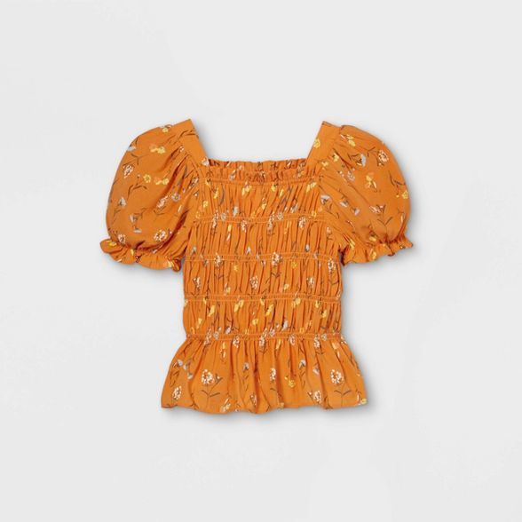 Toddler Girls' Floral Smocked Short Sleeve Blouse - art class™ Orange | Target