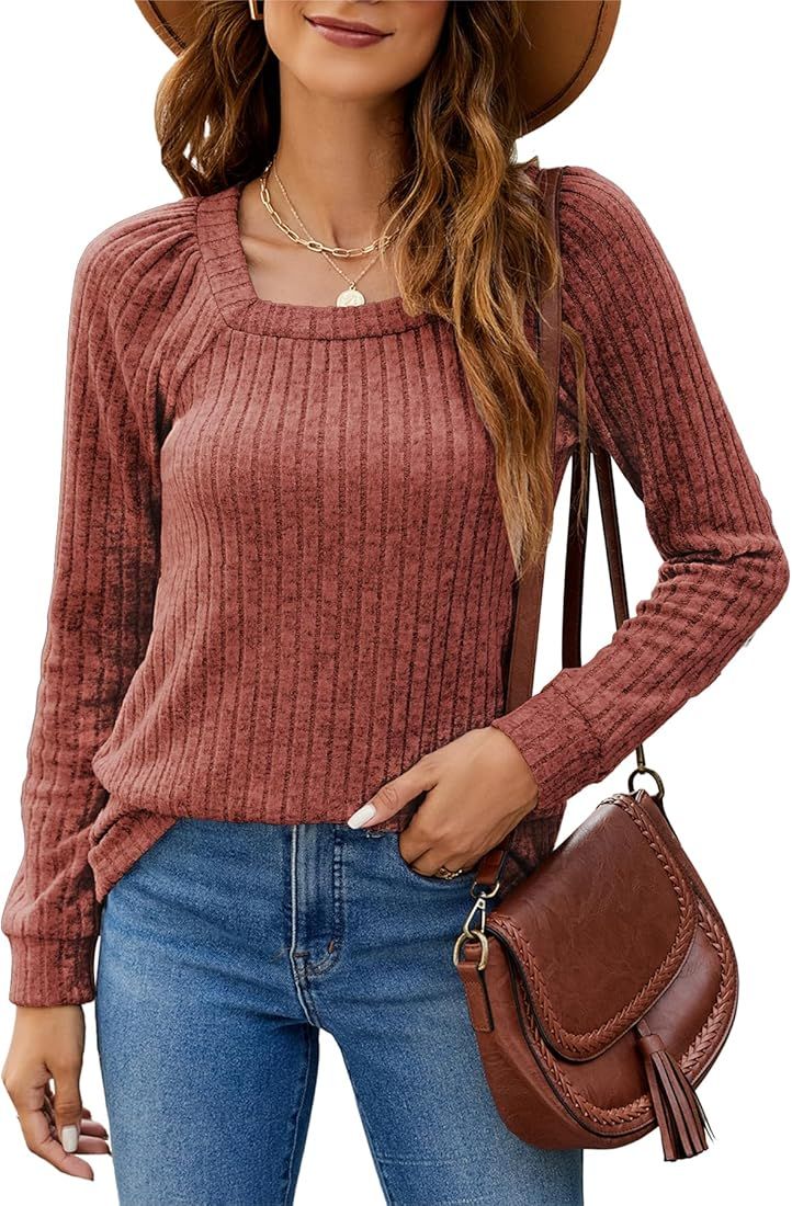 SimpleFun Women's Fall Sweaters Lightweight Square Neck Pullover Casual Long Sleeve Tunic Tops | Amazon (US)