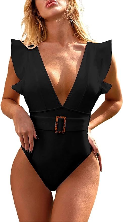 Avanova Women Deep V Neck One Piece Swimsuit Ruffle Strappy Swimwear Bathing Suits | Amazon (US)