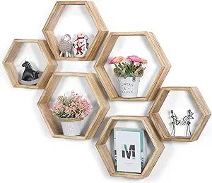 SEHERTIWY Hexagonal Floating Shelves Wall Mounted Set of 6 Wood Farmhouse Storage Honeycomb Wall ... | Amazon (US)