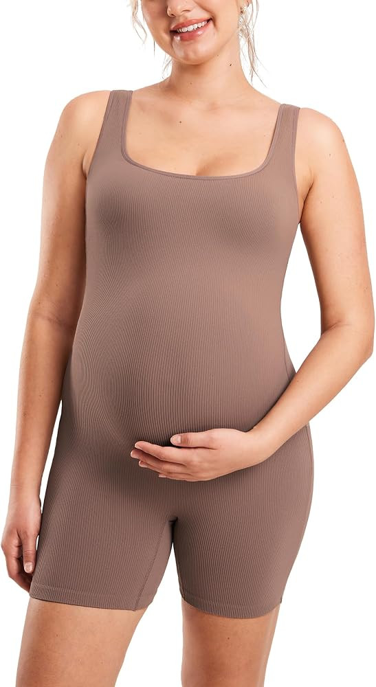 MOMANDA Women's Maternity Bodysuit Ribbed Sleeveless Shorts Jumpsuit Square Neck Tank Top Romper ... | Amazon (US)