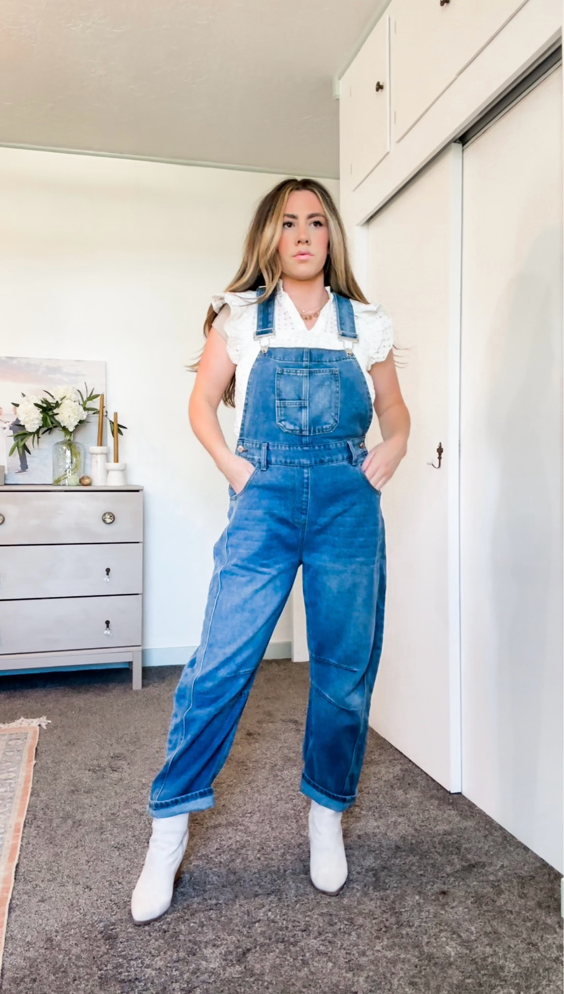 Free people barrel Jean overall dupe from Amazon. Less structure than the free people ones so a good intro into the barrel Jean trend. Paired with some booties and a fun white blouse to dress them up. Wearing a size small 

#LTKfindsunder50 #LTKstyletip #LTKshoecrush
