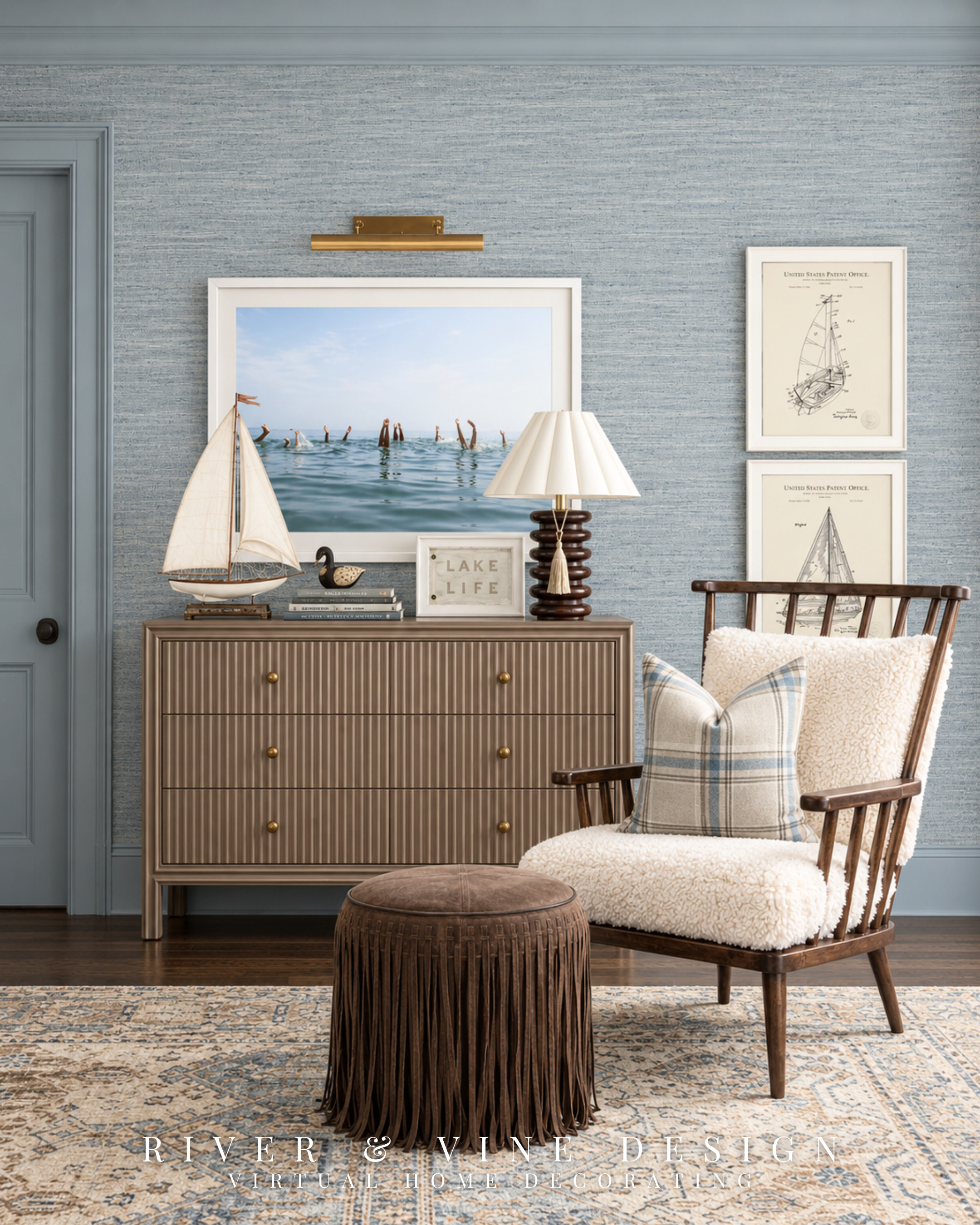 Give that unused bedroom corner a job: morning coffee, a few pages, somewhere to put your feet up.

This lake house bedroom reading nook begins with a chair and ottoman that feel connected to the rest of the room. The open wood frame keeps the chair visually light beside the dresser, while the ivory upholstery and blue checked pillow repeat the bedroom’s softer colors.

The decorating detail to borrow: vary the textures within that palette. The dresser’s vertical grooves, curly upholstery, and fringed ottoman give each piece its own character.

Before ordering, measure the chair and ottoman together, allowing a clear walking path around them. Explore the chair, ottoman, and pillow selections to build a corner around the way you’ll use it.

lake house bedroom reading nook, bedroom accent chair and ottoman, blue and cream bedroom decor, wood frame accent chair, fringed ottoman, fluted bedroom dresser, lake house wall art, bedroom sitting area ideas

I may receive a commission from purchases made through my links. 

 #LTKHome
