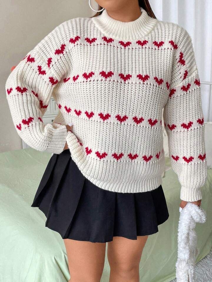 Plus Heart Pattern Drop Shoulder Sweater | SHEIN