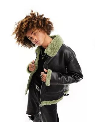 ASOS DESIGN faux leather aviator jacket with green contrast shearling collar | ASOS (Global)