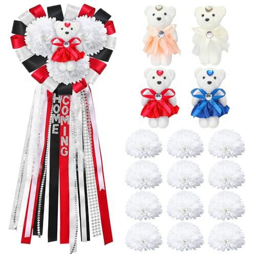 Yinkin 16 Pcs Homecoming Mum Flower 6.5'' White Silk Mums Supplies and Bouquet Bear Accessories Kit DIY Mum Supplies Crafts for Back to School Homecoming Week Dancing Party Favors Decorations | Amazon (US)