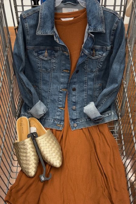 Walmart outfit idea with this ribbed knit 3/4 length sleeve dress and denim jacket. I’m a small in each. If between go up in these mules. #teacheroutfit #workattire  

#LTKunder50 #LTKstyletip #LTKunder100