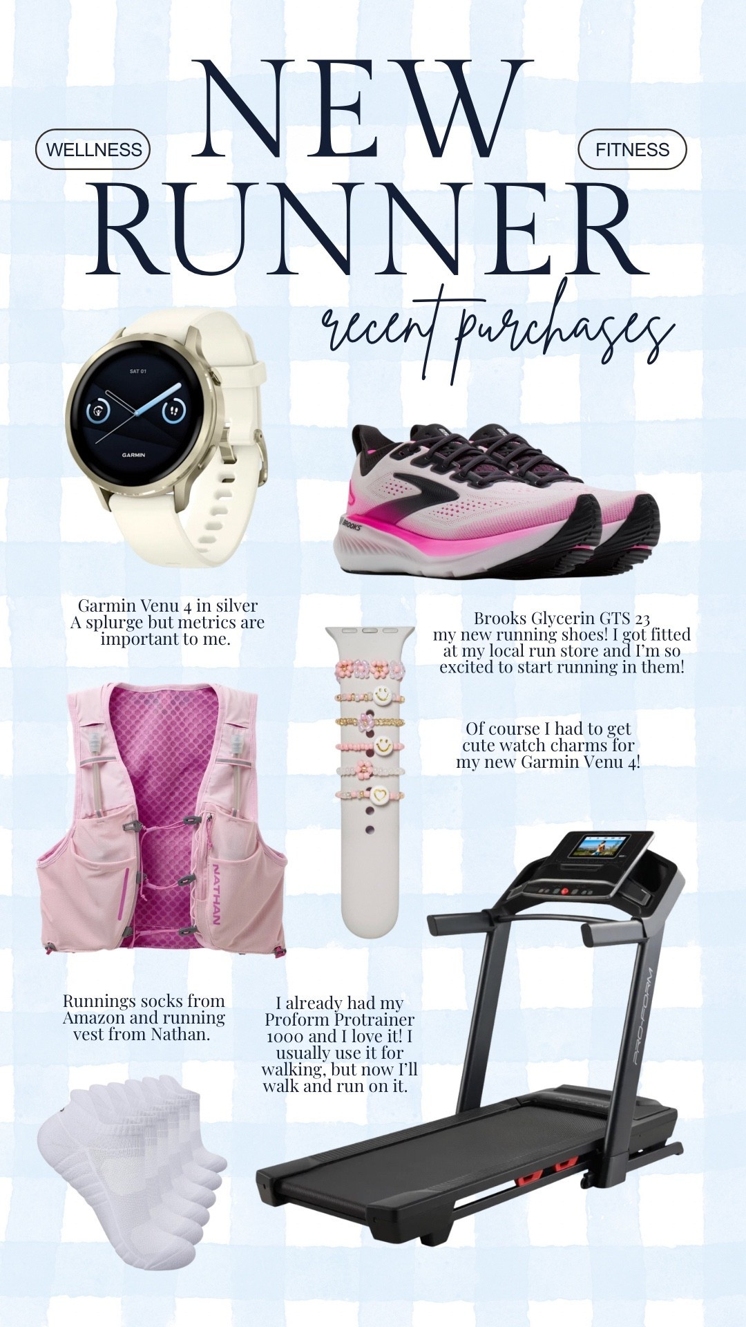 New runner recent purchases I’m a newbie runner, but these are some of the items I’ve picked up. My Proform treadmill I love already and use it for walking daily.  I also decided to get a Garmin Watch, the Garmin Venu 4. My sneakers are the Brooks Gylcerin GTS 23

Smiles and pearls, running gear, garmin, marathon training, fitness journey 

#LTKMidsize #LTKActive #LTKfitnessgoals