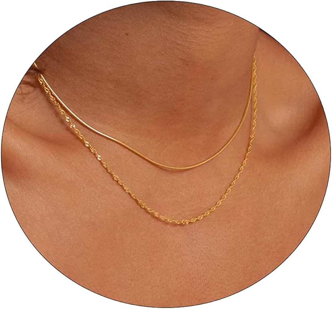 VIROMY Dainty Gold Necklace for Women 14K Gold Plated Layered Satellite Necklaces Trible Layering... | Amazon (US)