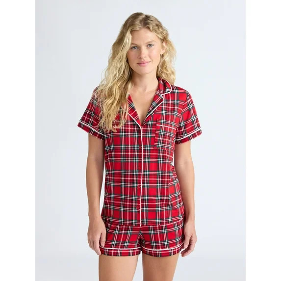 Joyspun Women’s Dreamy Soft Collection Notch Collar Knit Top and Boxer Shorts Pajama Set, Sizes... | Walmart (US)