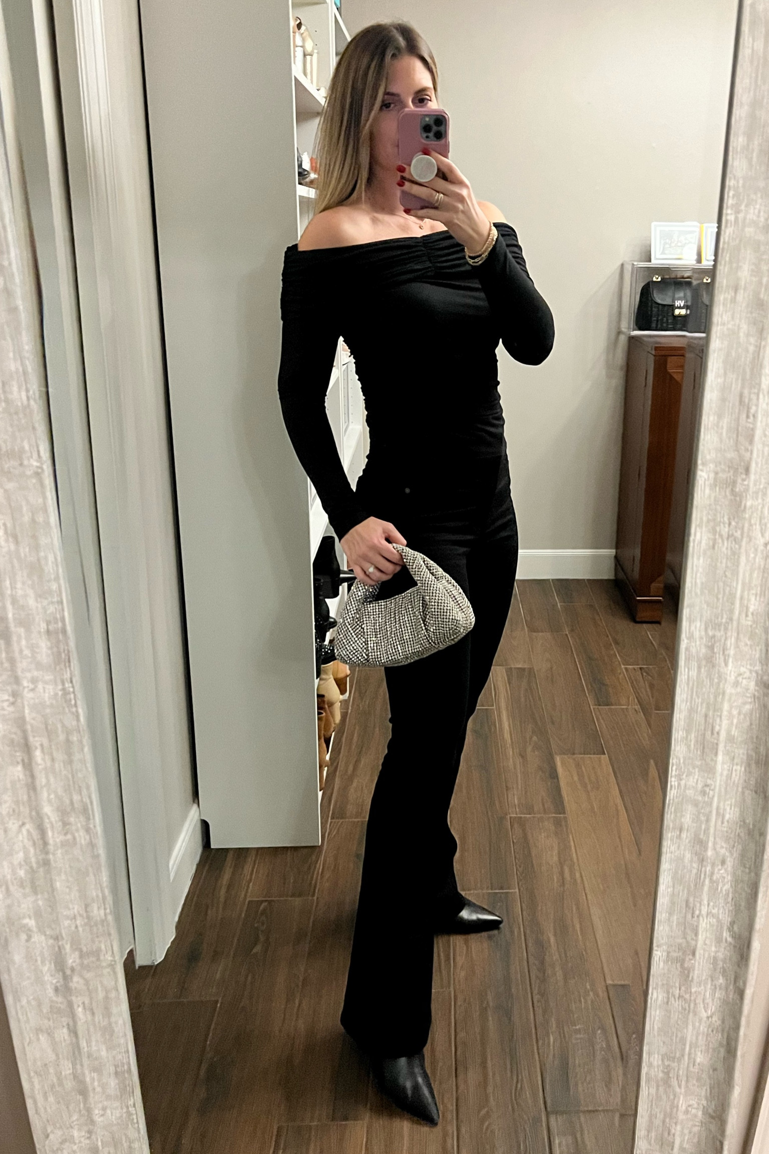 I’ve been challenging myself to dress in neutrals but make it fun. I think the off the shoulder detail on this top and sparkly bag made a statement. Try recreating this simple; yet fun look for your next night out! 

Jeans run small. Size up. Wearing a 29.
Boots run TTS. So comfy! 

#LTKItBag #LTKStyleTip #LTKOver40