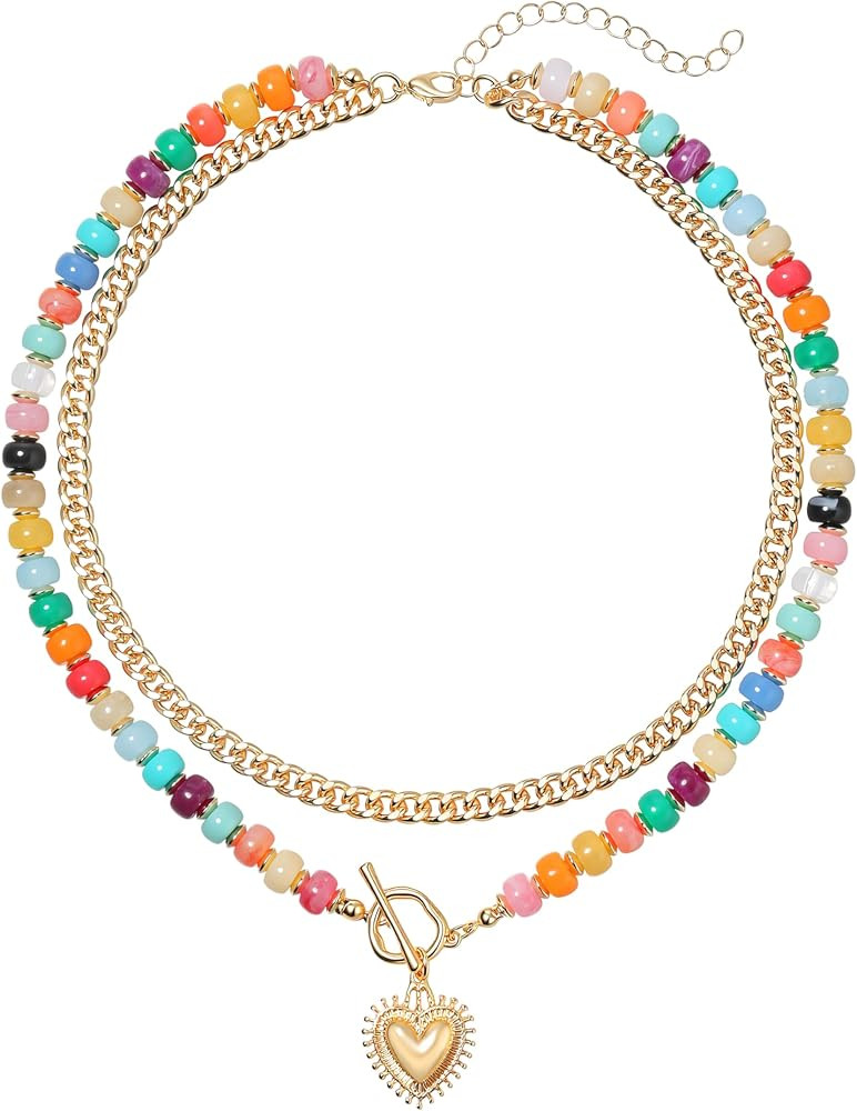 Layered Necklaces for Women, Colorful Acrylic Beads & Heart Pendant | Amazon (US)