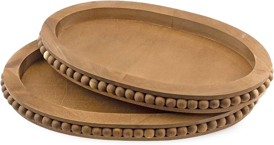 AuldHome Rustic Beaded Wood Tray Set (Set of 2, Antique Brown); Farmhouse Distressed Oval Wooden ... | Amazon (US)