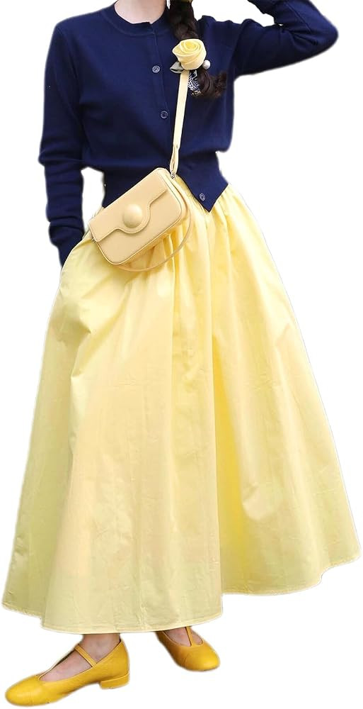 PDLCVD Elegant Pleated Maxi Skirt for Women Casual High Waist A-Line Long Baggy Skirt | Amazon (US)