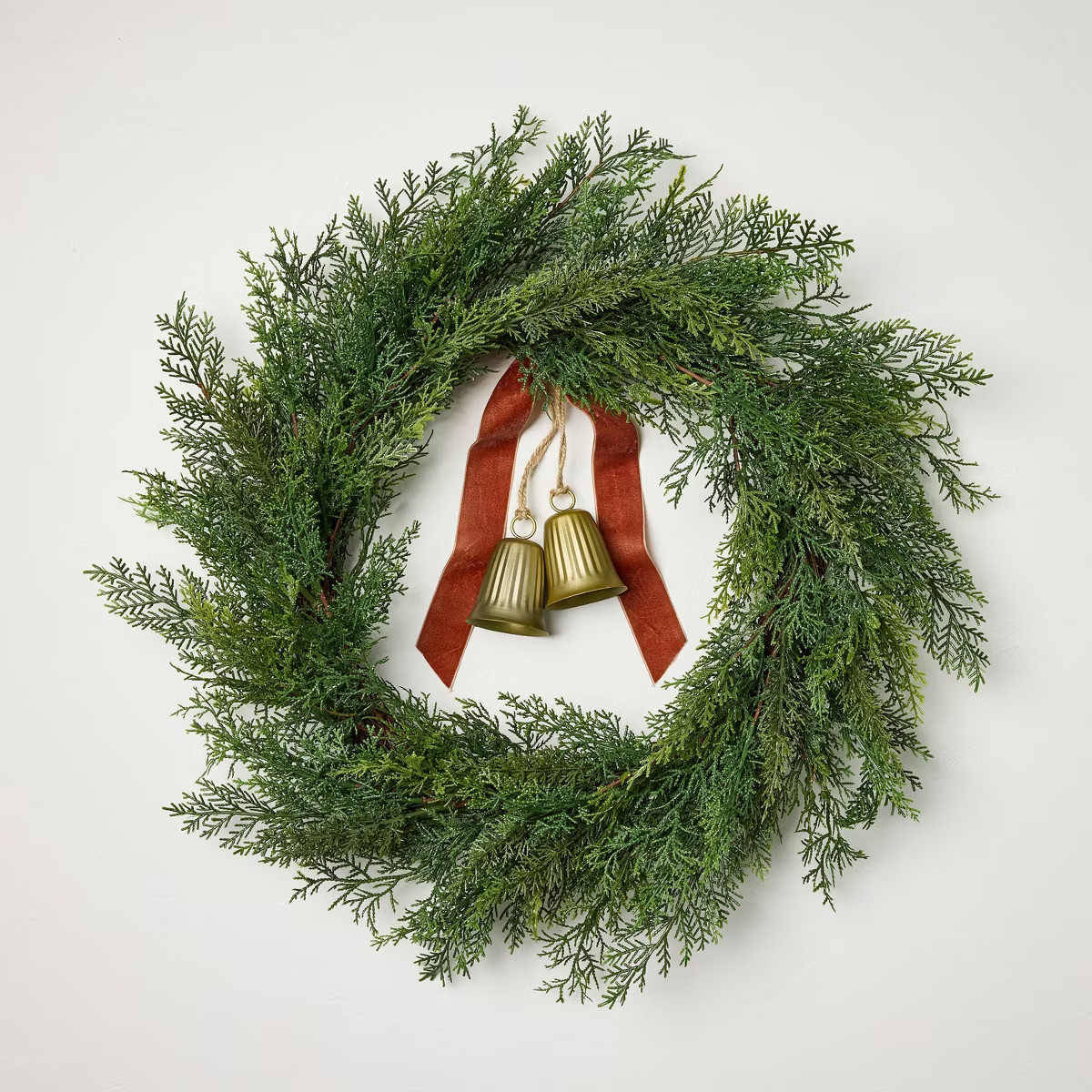 26" Cypress with Brass Bell and Red Ribbon Wreath - Hearth & Hand™ with Magnolia | Target