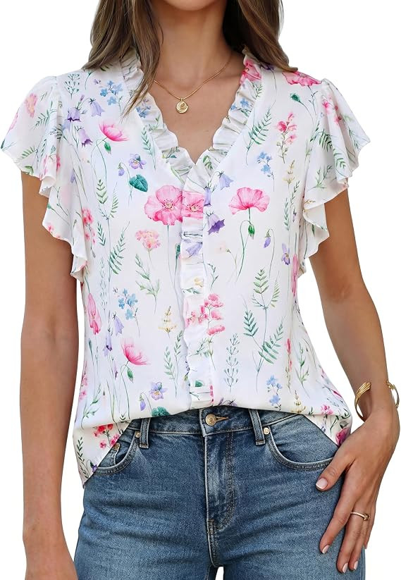 GRACE KARIN 2026 Boho Tops for Women Dressy Casual,Ruffle Sleeve Chiffon Blouses Floral Shirts,V ... | Amazon (US)