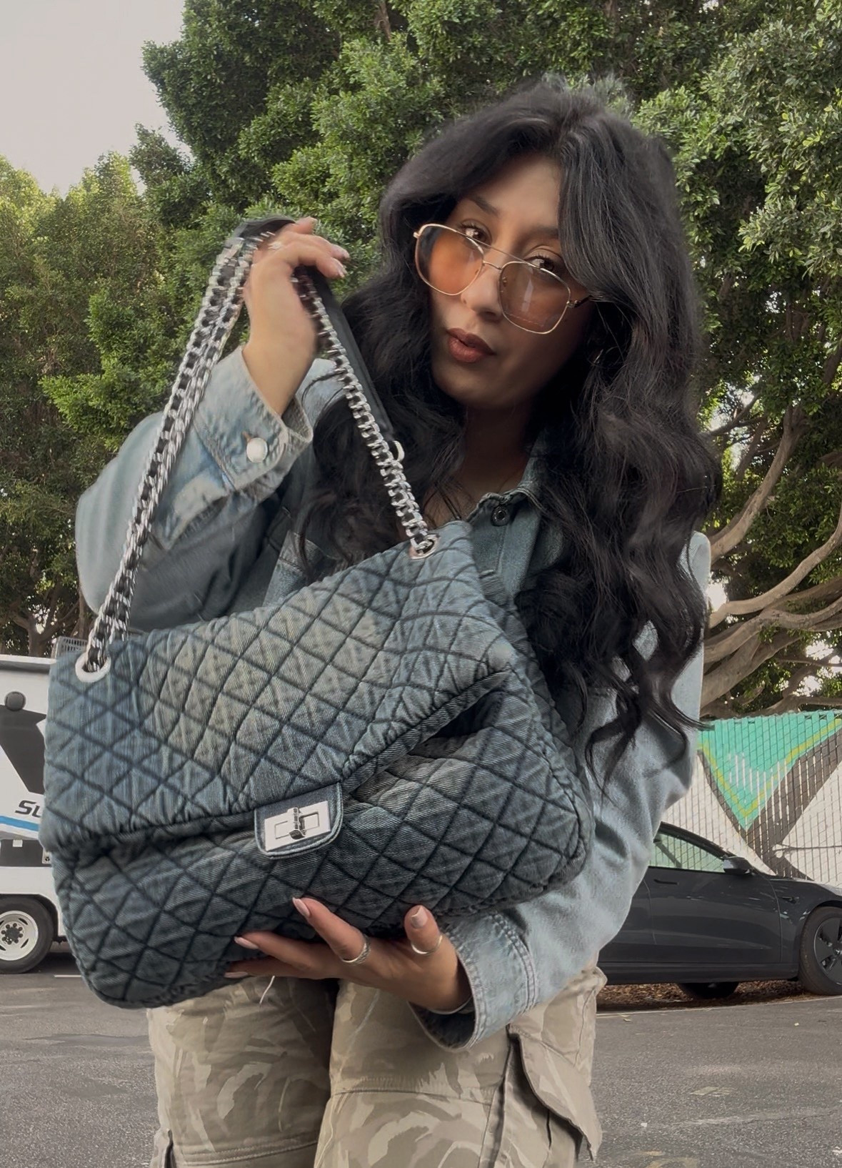 Oversized Denim Quilted Bag 