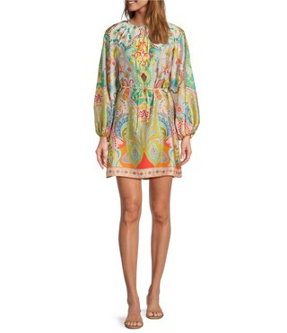 Raffaella Printed Satin Tie Neck Long Sleeve Dress | Dillard's
