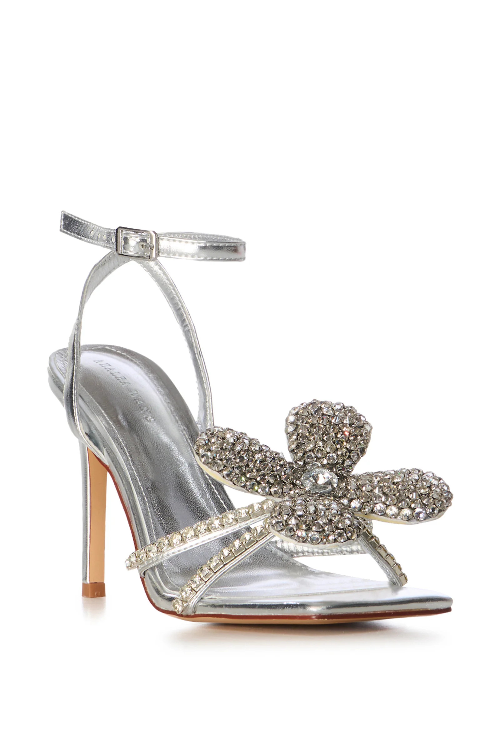 BEVIE-SILVER OVERSIZED FLORAL STILETTO SANDAL | Azalea Wang