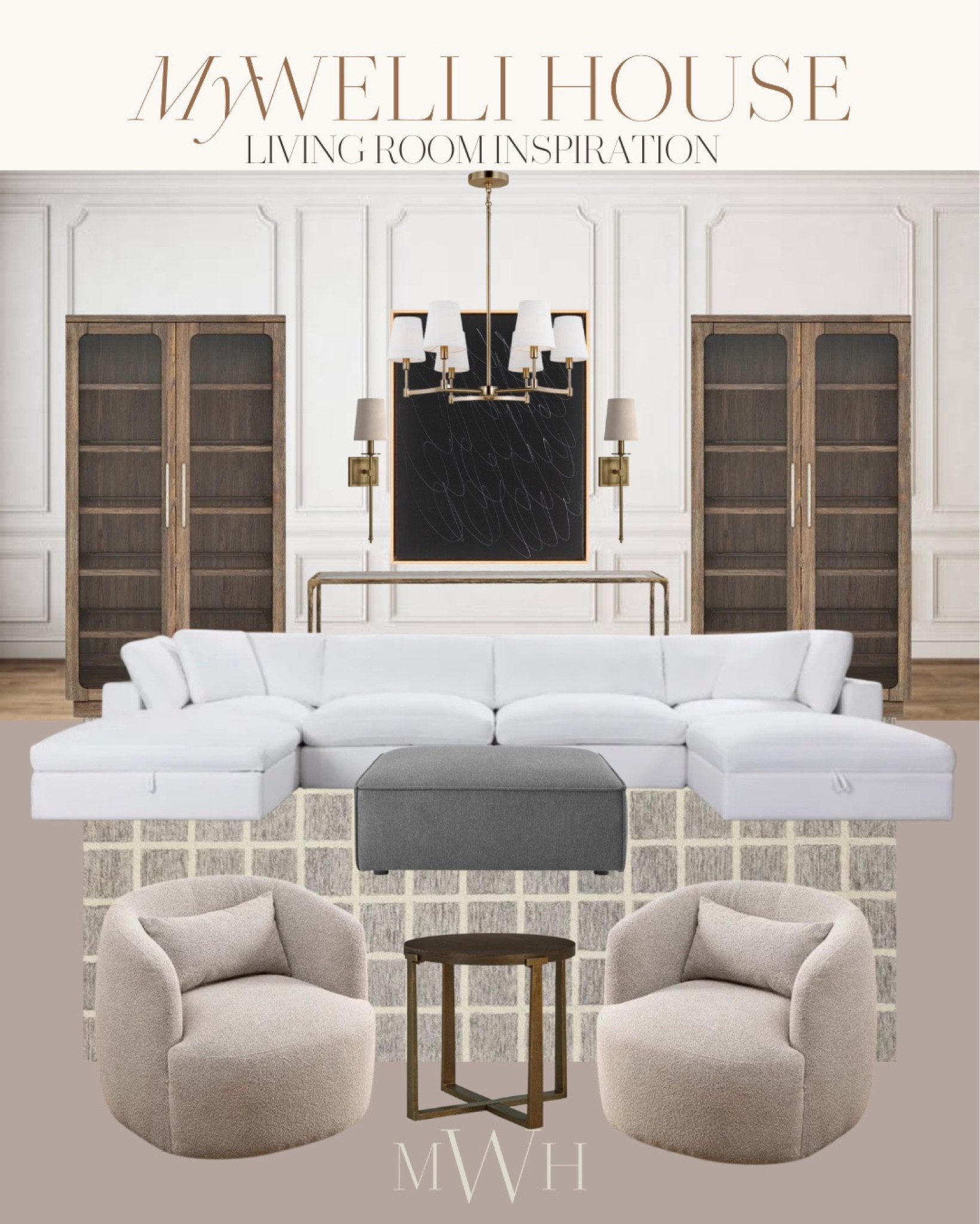 Wayfair home finds: living room mood board. Wayfair finds, accent chairs, display cabinets, sectional couch. 

#LTKunder100 #LTKsalealert #LTKFind
