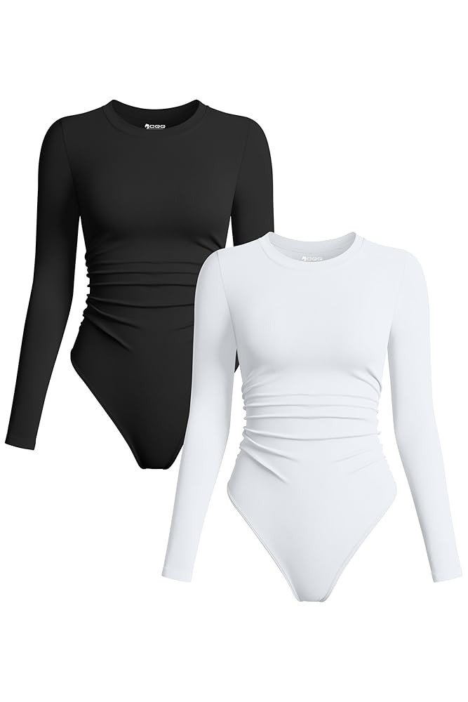 OQQ Womens 2 Piece Bodysuits Crew Neck Long Sleeve Ruched Stretch Fitted Bodysuits | Amazon (US)