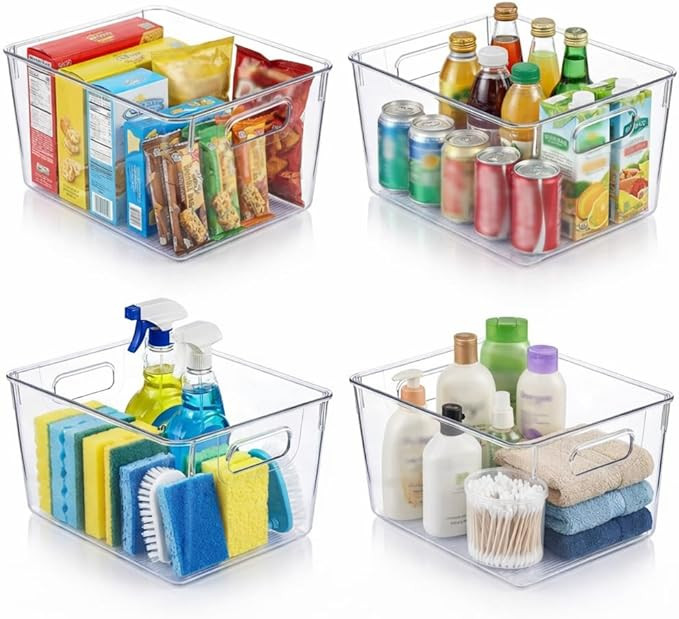 MOONEDGE 4 Pack Open Clear Plastic Storage Bins 11"x8"x6" Stackable Organizer Containers with Han... | Amazon (US)