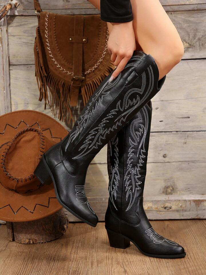 2024 European And American New Vintage Embroidered Western Boots, Over-The-Knee V-Mouth All-Match Fashionable Knight Boots For Women, Cowboy Boots For Women | SHEIN