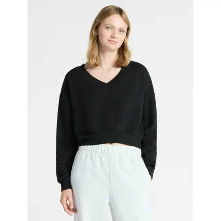 No Boundaries V-Neck Fleece Cropped Sweatshirt, Women's | Walmart (US)