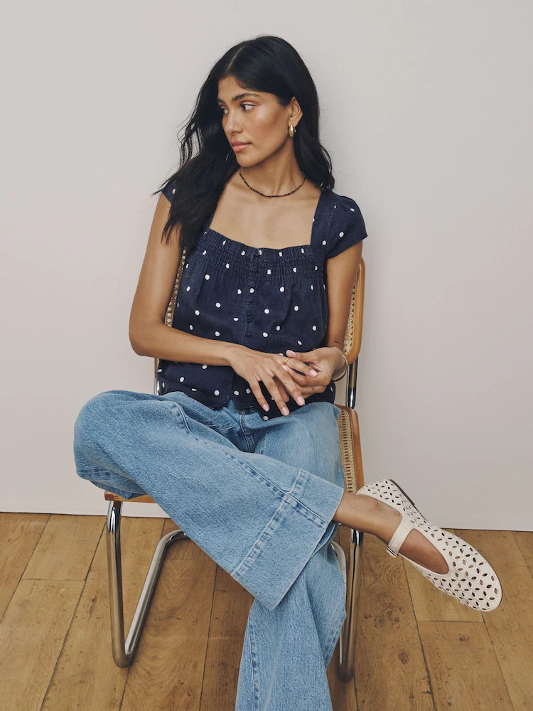 Buy Navy Blue Polka Dot Flutter Sleeve Button Front Top With Linen from Next USA | Next US