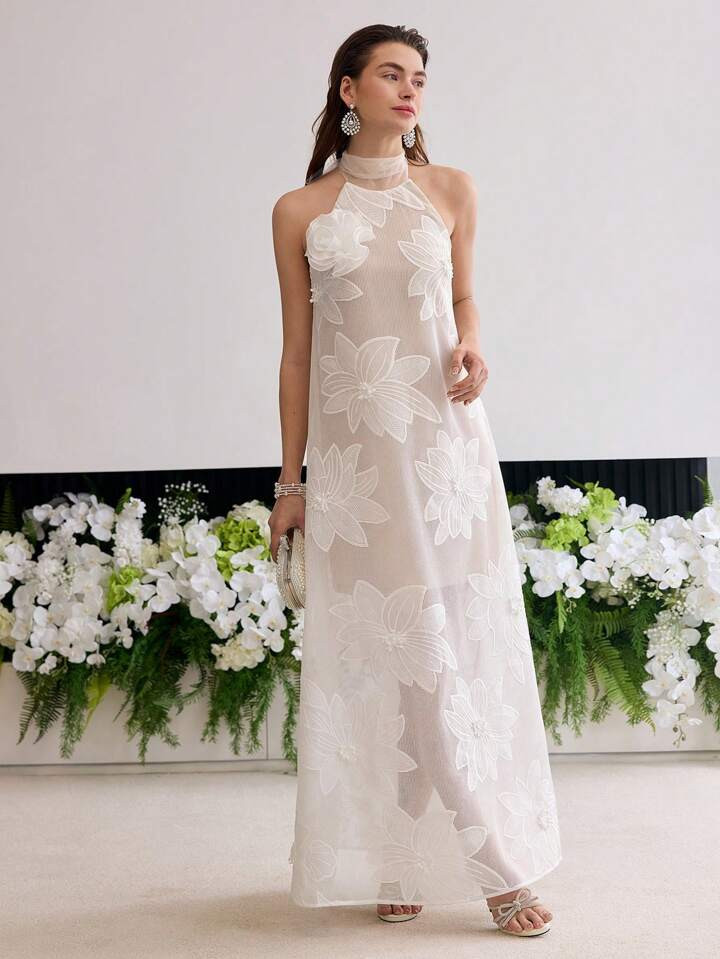 MOTF Soiréza MESH EMBROIDERED A-LINE MAXI DRESS | SHEIN