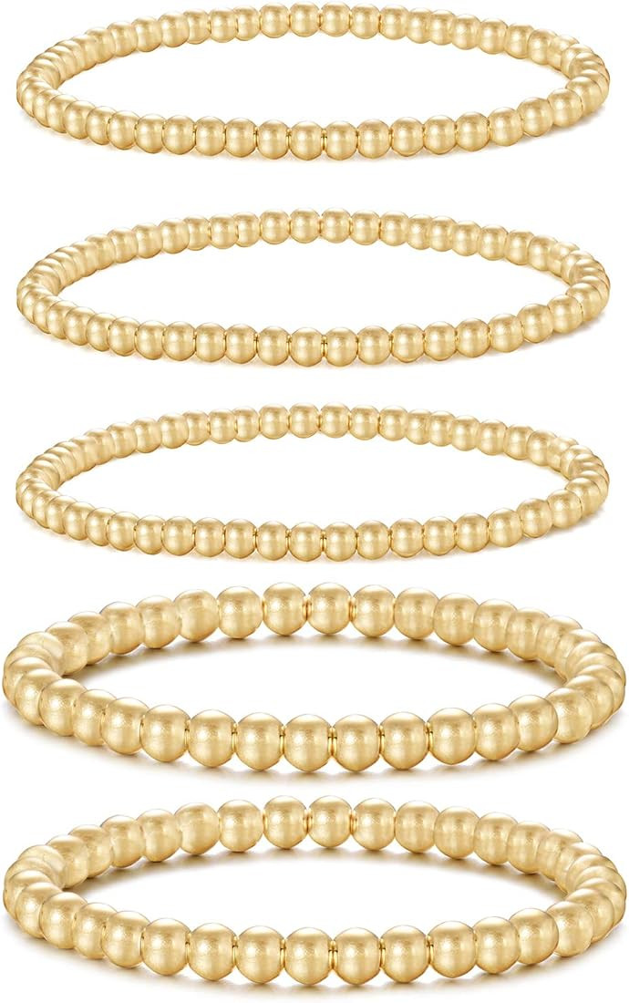 Gold Bead Bracelet for Women,14K Gold Plated Bead Ball Bracelet Stretchable Elastic Bracelet | Amazon (US)