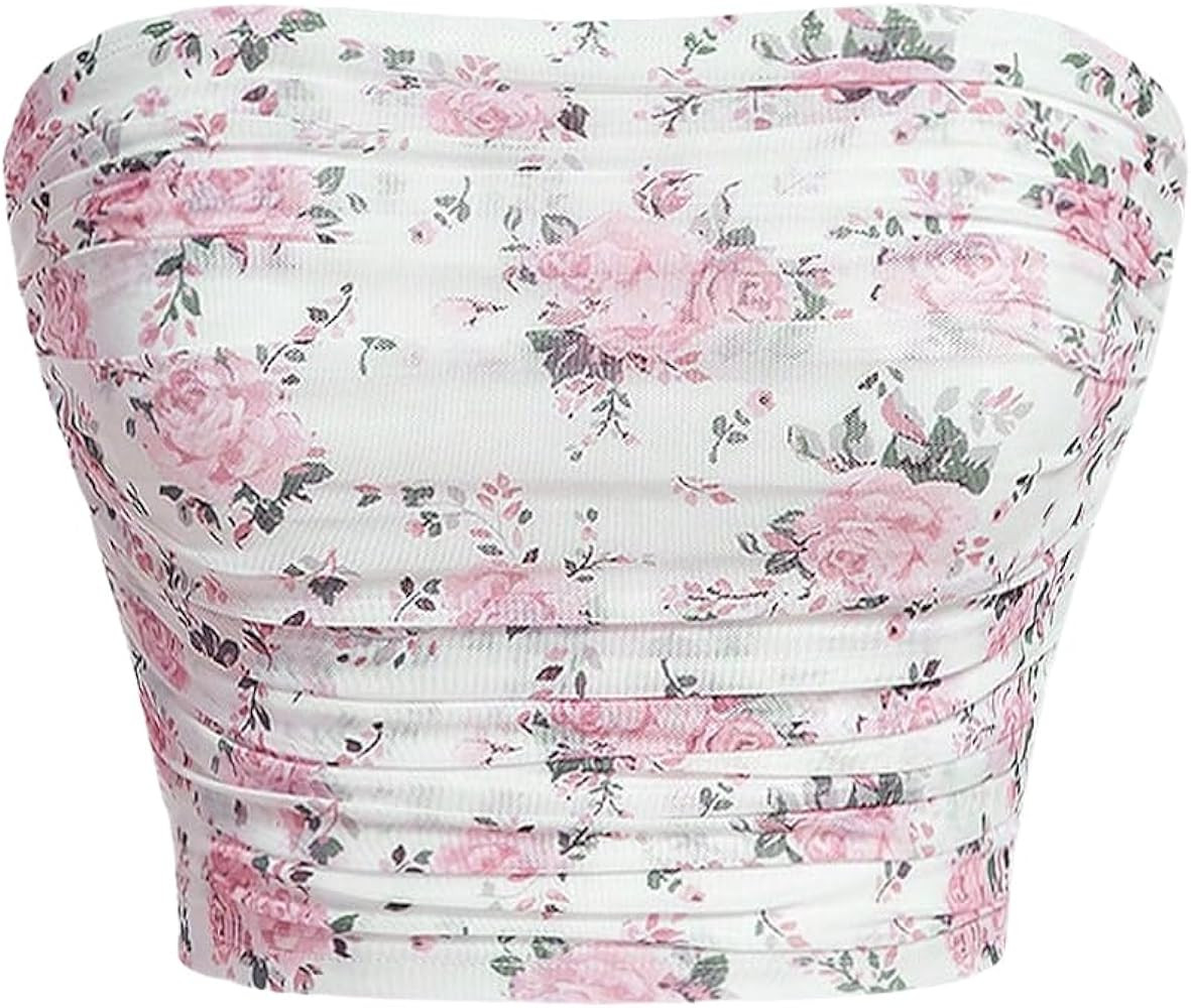 SOLY HUX Women's Floral Print Mesh Ruched Tube Crop Top Sleeveless Strapless Slim Fit Tops | Amazon (US)