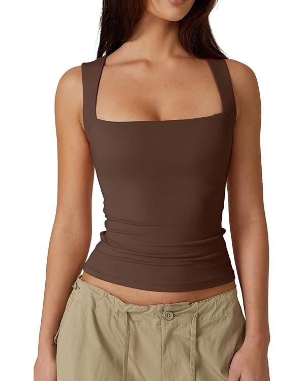 QINSEN Women's Square Neck Sleeveless Double-Layer Tank Tops Basic Tight T Shirts | Amazon (US)