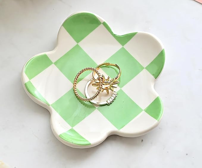 Ceramic Jewelry Tray, Green Checkered, Waterproof, 3.8 x 3.8 inches, Jewelry Storage for Women, F... | Amazon (US)