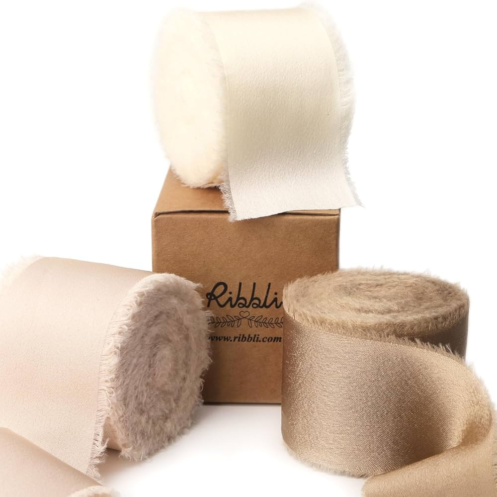 Ribbli Ivory Champagne Silk Satin Ribbon 1.5 Inch x 30 Yard Handmade Frayed Chiffon Ribbon for Gi... | Amazon (US)