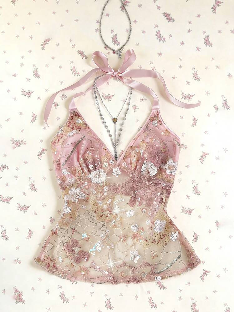 Elamini Sweet & Sexy Pink Sheer Lace Floral Sequin Patchwork Tie-Up V-Neck Fitted Halter Top, Spring/Summer Flower Top Lace Top Pink Top Kawaii Top | SHEIN