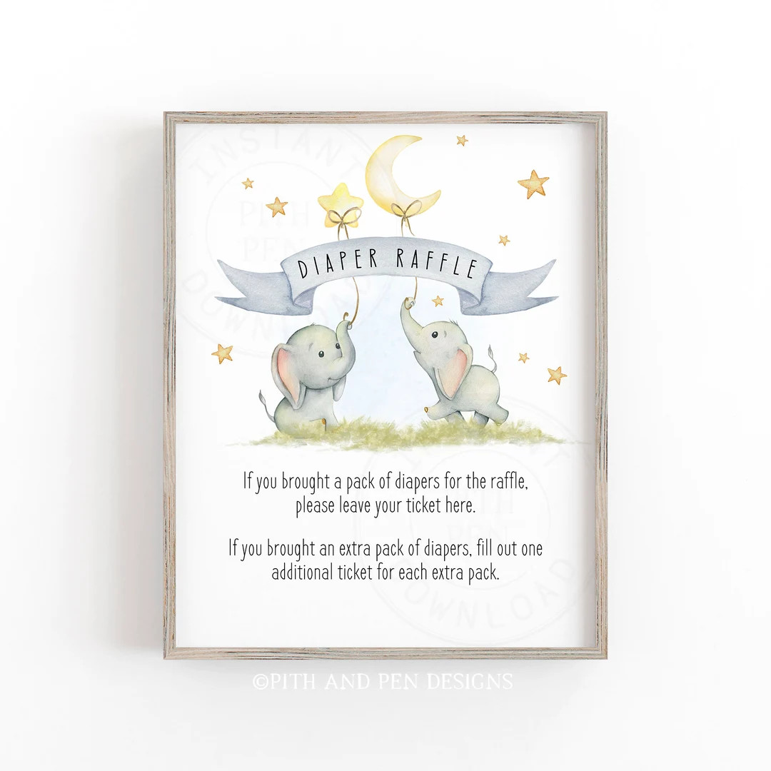 Diaper Raffle Sign, Elephant Baby Boy Shower, Printable Decor, Instant Download #059-21S - Etsy | Etsy (US)