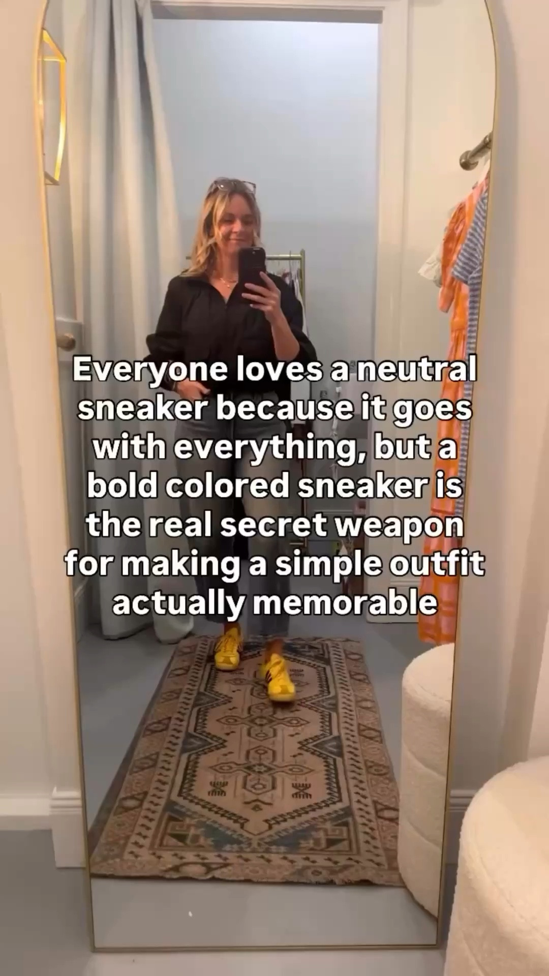 Everyone loves a neutral sneaker because it goes with everything, but a bold colored sneaker is the real secret weapon for making a simple outfit actually memorable 👇

Here’s why it works:

💛 It does the styling work for you. When one piece is doing all the talking, everything else can stay simple. Black windbreaker + straight leg denim + yellow sneakers — the outfit practically styles itself.

💛 It shows personality without overthinking it. A bold shoe is the lowest commitment way to add color and energy to your look. You’re not wearing a bright top or a printed pant — just a great sneaker that says you got dressed on purpose.

💛 It makes basics look intentional. The difference between a forgettable outfit and a memorable one is often just one unexpected detail. A bold sneaker is that detail every single time.

OOTD while setting up a dressing room for a client appointment 🙋‍♀️ Black windbreaker + barrel leg jeans + yellow Adidas — all from my own closet. Linked the exact pieces where I can and the closest versions where I can’t. Everything shoppable below! 👇

Comment SHOP below to receive a DM with the link to this post on our LTK ⬇ https://liketk.it/67FK2 #ltkdayinmylife #ltkootd #ltkover40