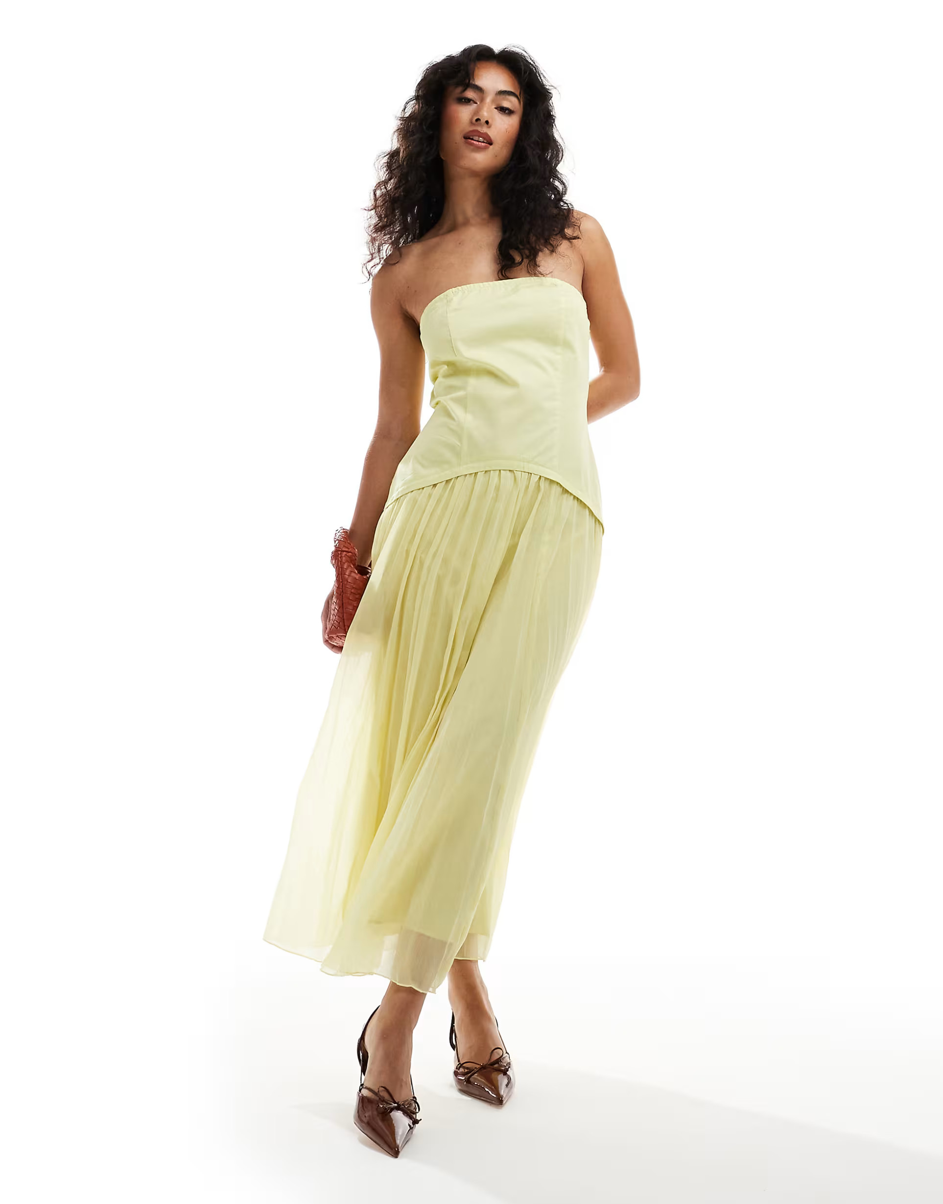 ASOS DESIGN twill and chiffon bandeau pleated midi dress in washed lime | ASOS (Global)