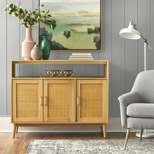 Desert Fields Edgerton 3-Door Rattan Panel Sideboard, Natural Finish - Walmart.com | Walmart (US)