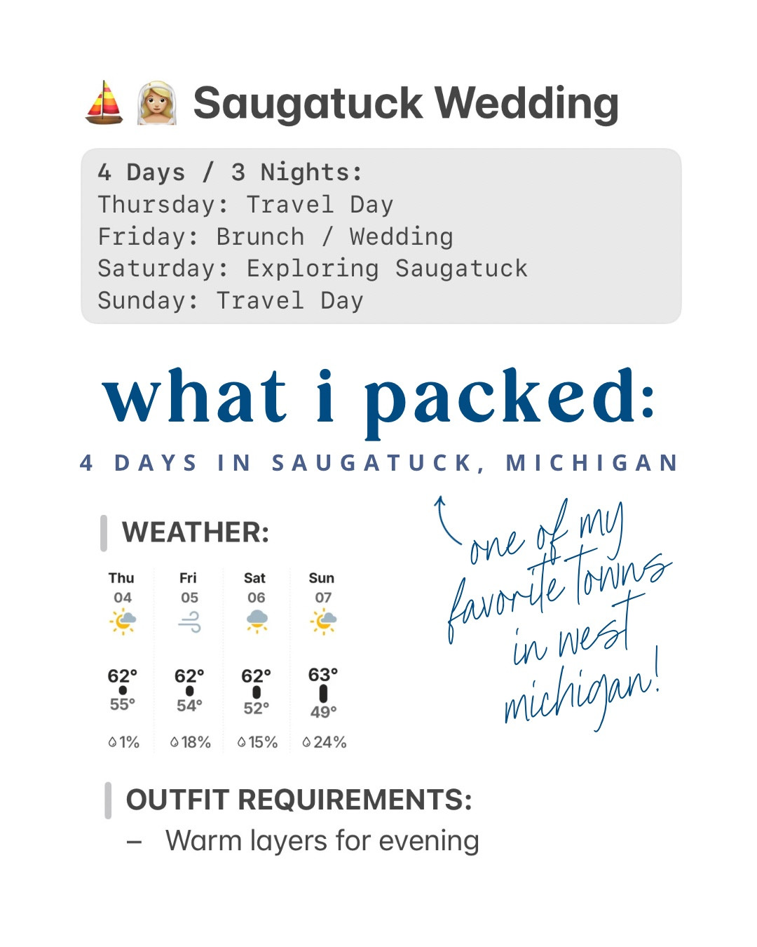Spending the weekend in Saugatuck to watch two of my oldest friends get married 🥰🤍 here’s what I packed for the 4 day trip! #travel #packing

#LTKItBag #LTKFindsUnder100 #LTKTravel