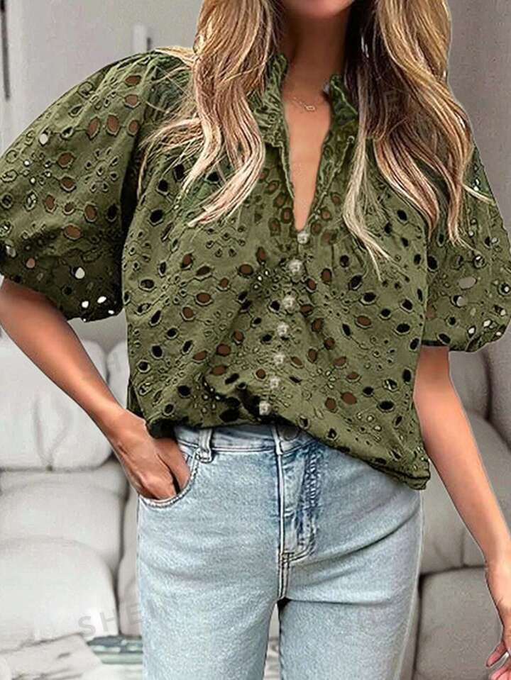 SHEIN Clasi Women's Vacation Leisure Solid Color Hollow Out Embroidery Puff Sleeve Shirt | SHEIN ... | SHEIN